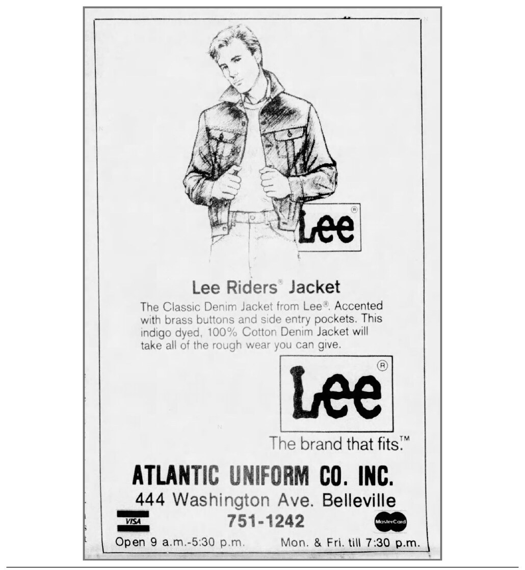 Atlantic Uniform Co. Inc. Lee Riders Jacket ad, The Belleville Times, April 19, 1984