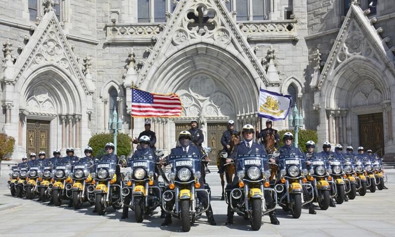 Newark Police motorcycle unit lined up in formation in front of the Cathedral Basilica